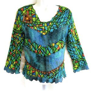 BeaDeD Vintage 90s Alberti Makali Blouse Stained Glass Mosaic Stretchy Crinkle M